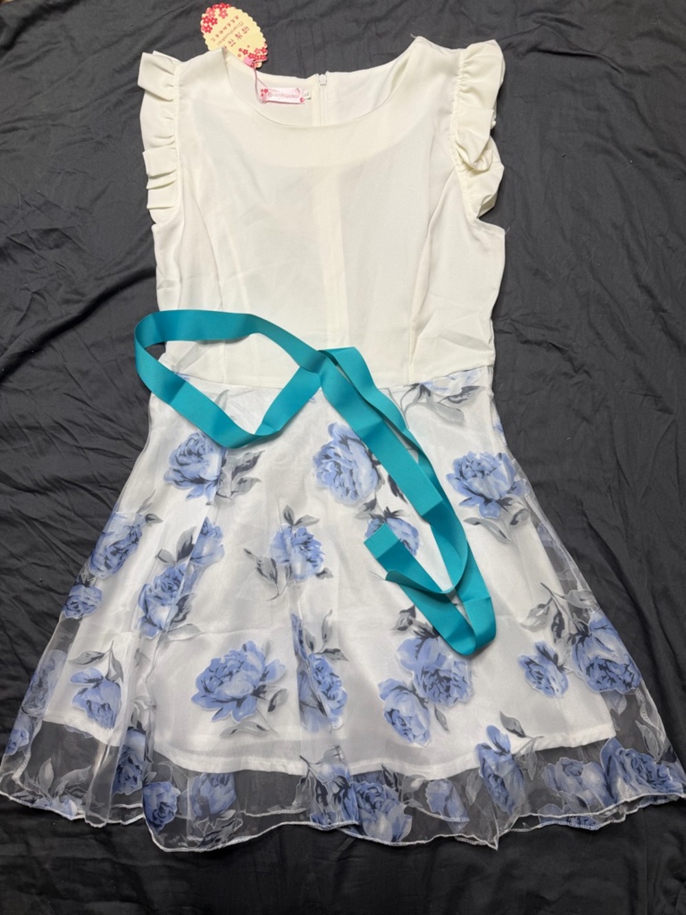 Ivory & Blue Floral Mini Dress with Teal Sash - Fit is Small